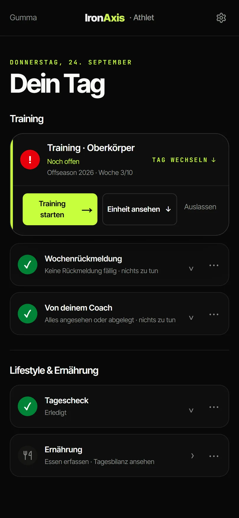 Dashboard „Dein Tag“ mit Training, Wochenrückmeldung, Nachrichten vom Coach, Tagescheck und Ernährung