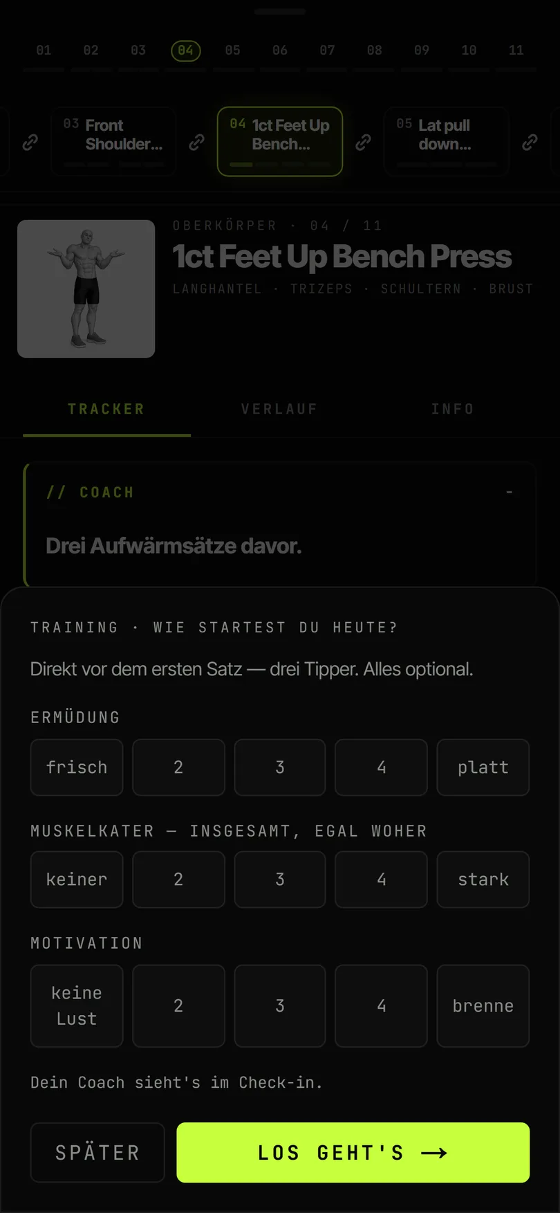 Abfrage vor dem Training: Ermüdung, Muskelkater und Motivation