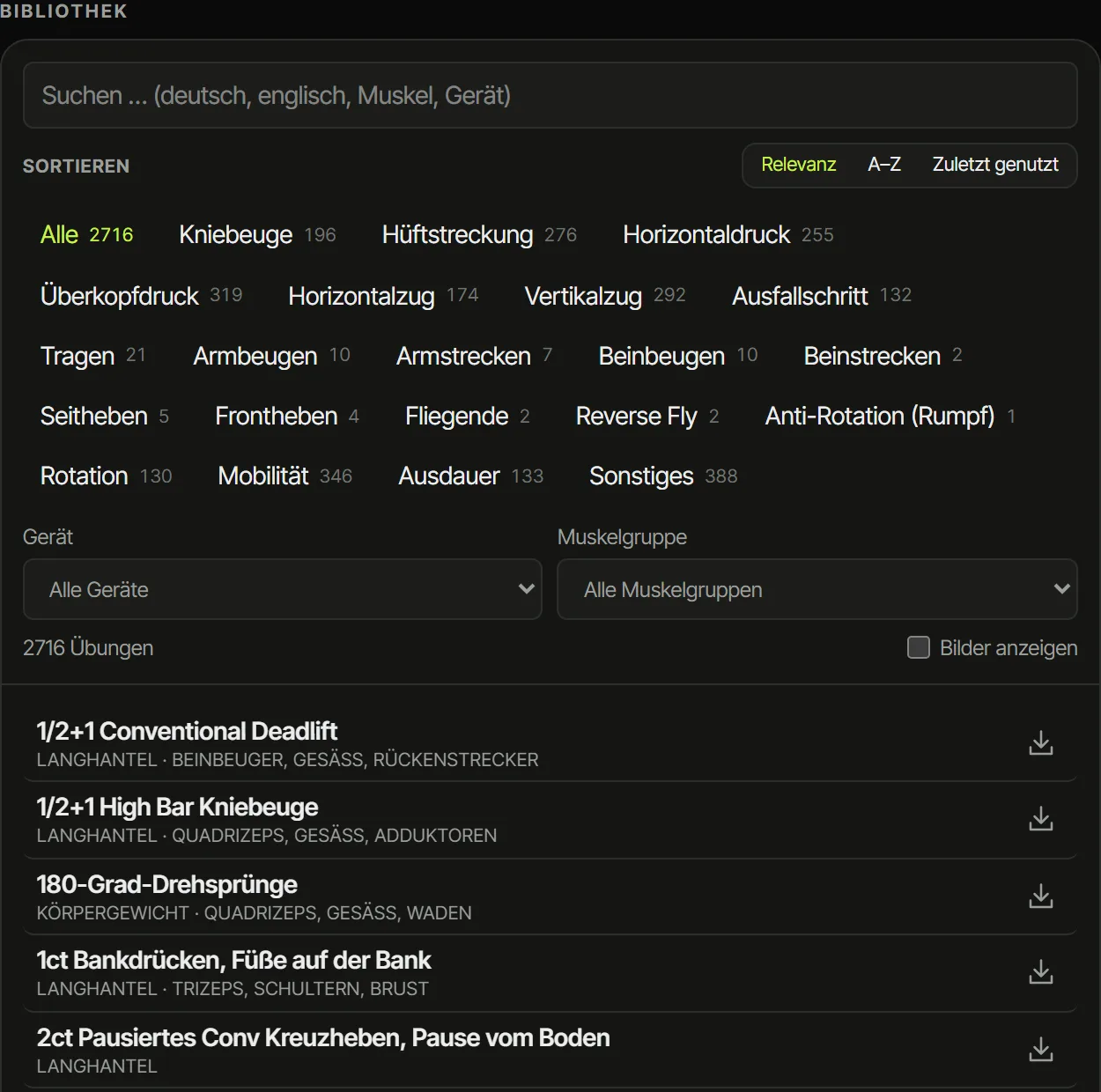Übungsbibliothek mit Suche und Bewegungsmustern, 2.716 Übungen